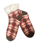 Women's plush sherpa slipper socks with winter prints in pink, charcoal, navy, black and red