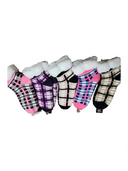 Women's plush sherpa slipper socks with winter prints in pink, charcoal, navy, black and red