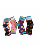 Girls printed crew socks 3 pack with fun food, argyle and stripe designs