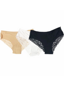 Ladies low-cut laser-cut bikini underwear with lace detail in white, beige, charcoal and blue